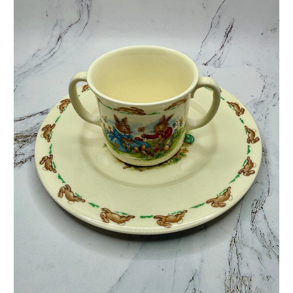 Royal Doulton Bunnykins 2pc Set Two Handled Mug and 8in Plate Fine Bone China